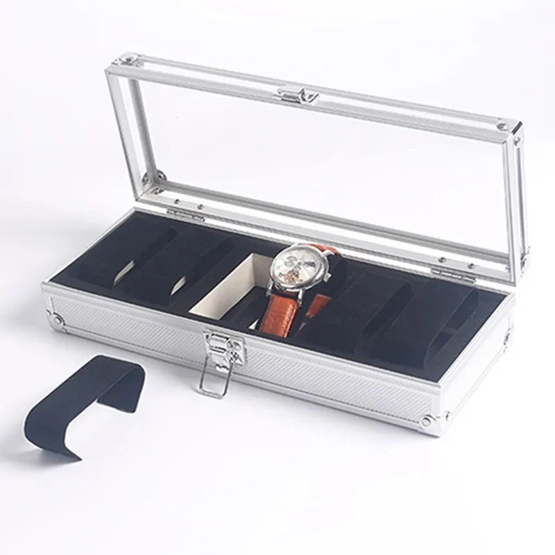 6 GRID CARD SLOT Titta på Safe Exhibition Box Jewelry ES Aluminiumlegering Display Storage Case Transparent Stand 220624