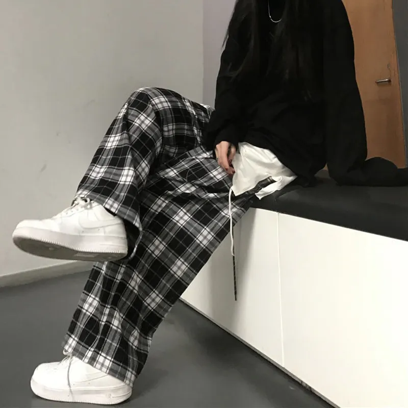 ever Harajuku Black and White Plaid Pant Summer Casual Wide Leg Trousers Teens Hip Hop Unisex Loose Straight Pants 220719