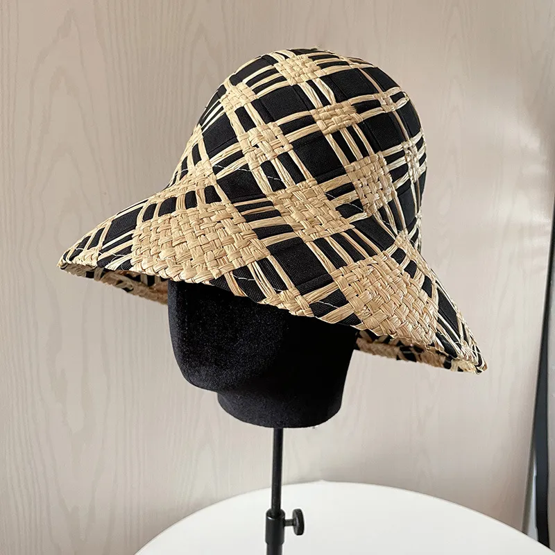 LAFITE 짚 패치 워크 버킷 캡 동일한 만화지도 인쇄 낚시 해변 레저 태양 모자 뷰켓 모자를 가진 남성과 여성