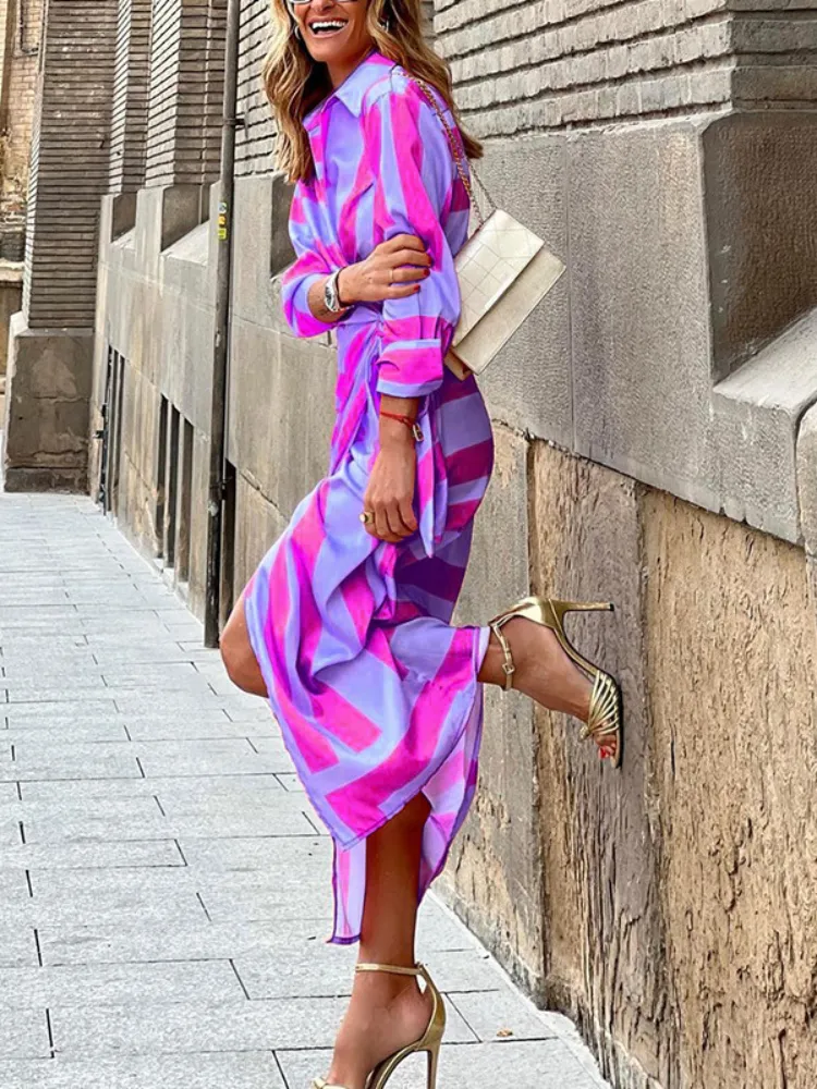 Spring Summer Fashion Print Dress Blouse Neck Tie Mid Length Striped Skirt Casual Comfortable Street Womens Wear Dresses Robe 220811