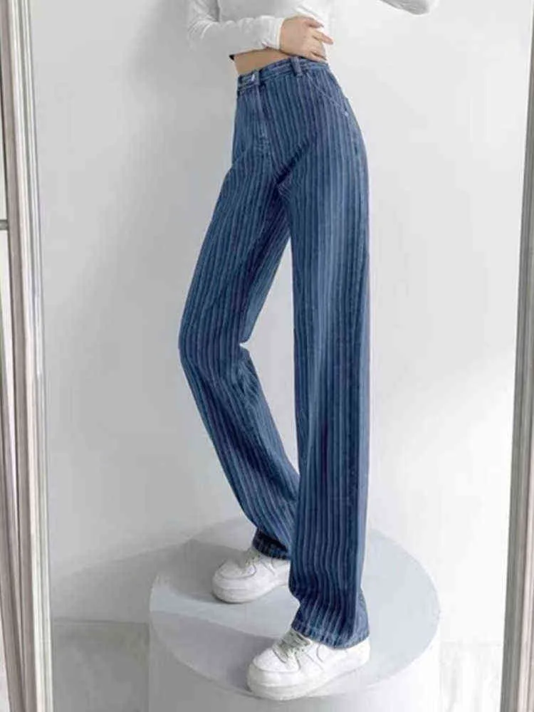 Blue Vertical Striped High Waist Jeans Women Summer American Vibe High Street Ins Tij Straight Wide Pipes Denim Pants female L220728