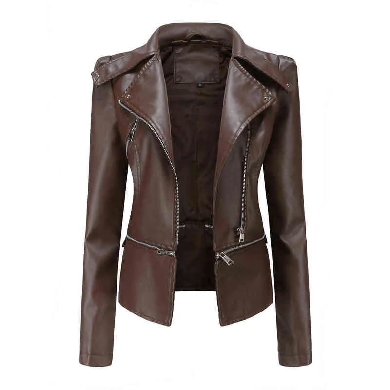 Женщины Cool Faux Leather Jacket с длинным рукавом молния на молнии