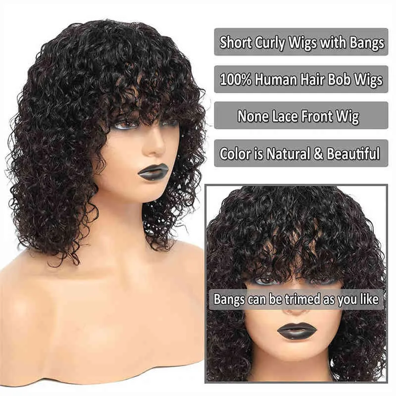 Hair Wigs Water Wave Bob peruca com franja humano encaracolado brasileiro para mulheres Máquina completa curta 220722
