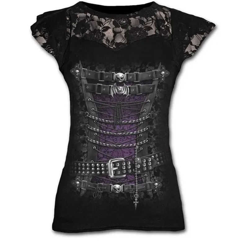 Plus size goth grafische kant t-shirts voor vrouwen gotische kleding zwarte grunge punk Tees dames y2k korte mouw tops zomer t-shirt 220407
