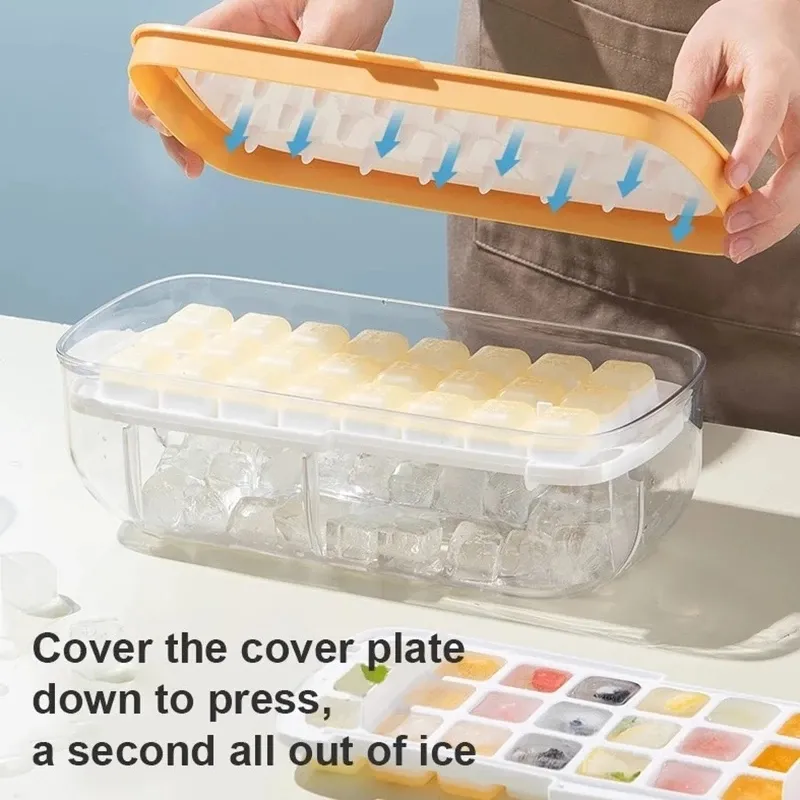 Press Type Ice Maker Silicone Ice Cube Tray Making Mold Creative Storage Box Lid Trays Bar Kitchen Square Cubic Container Box 2206223K