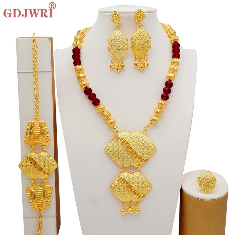 Luxe Dubai Gold Color Sieraden Sets Afrikaanse Indiase Ethiopi￫ Bridal Wedding Gifts Party For Women Necklace oorbellen Set 220922