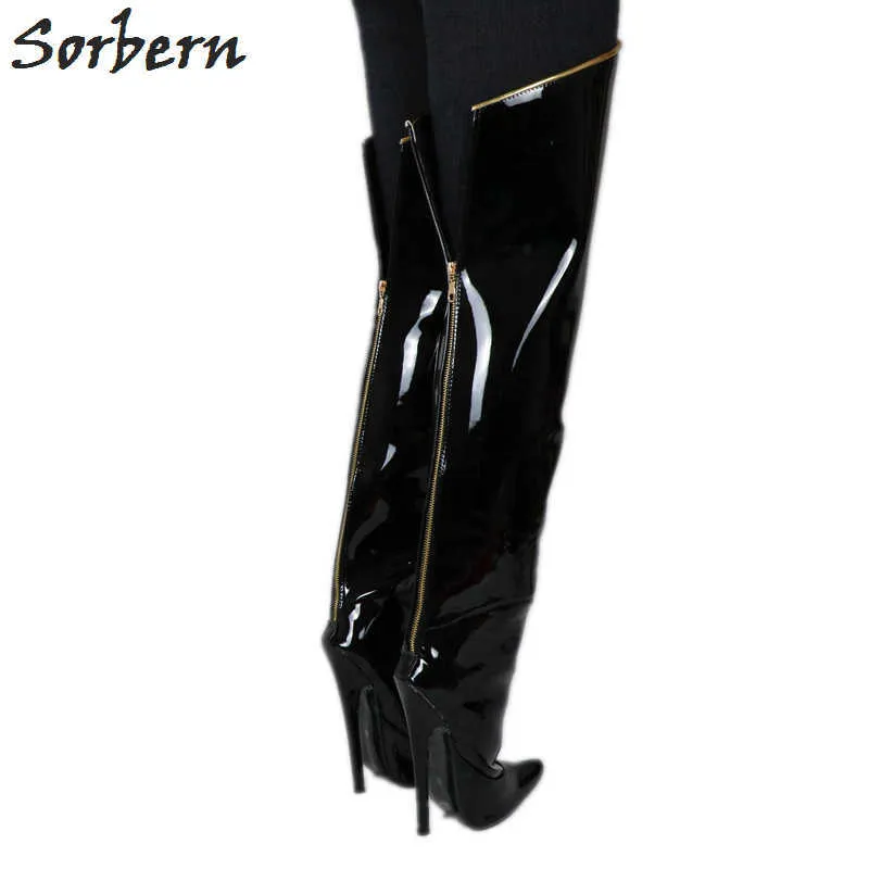 Sorbern 18 cm Stiletto-High-Heels-Stiefel für Damen über dem Knie, harter Schaft, Reißverschluss, goldene Paspelierung, Oberschenkelhoch