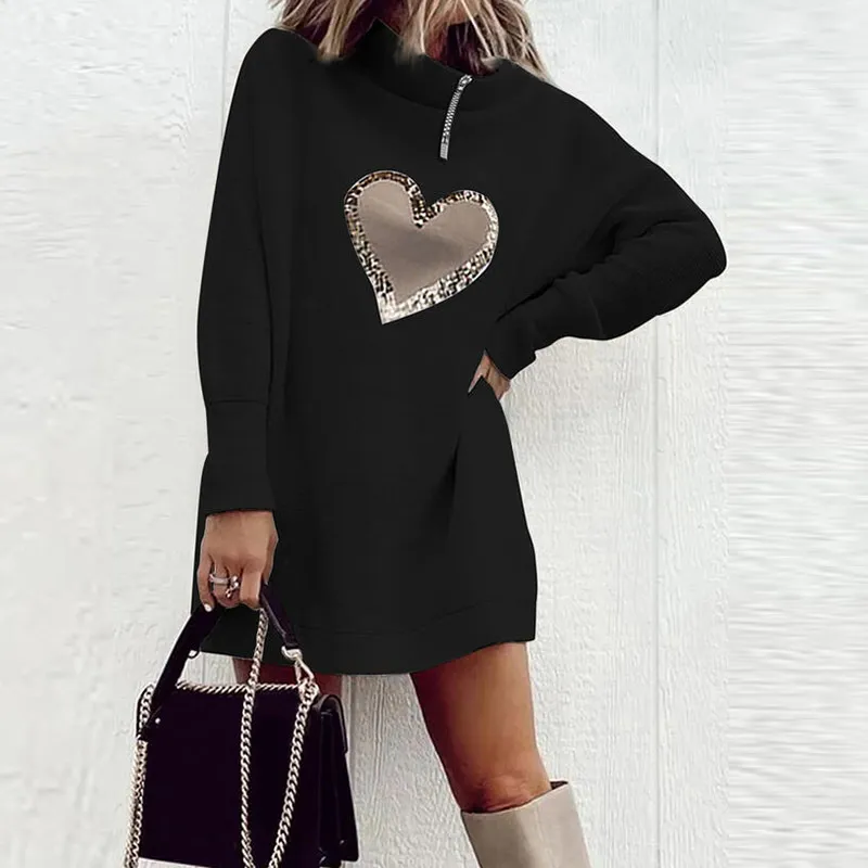 Kobiety Casual Heart Print Zip Turtleneck Dress Elegancka Jesień Ciepła Bluza Suknie Lady Vintage Długi Rękaw Mini Sukienka Vestido 220317