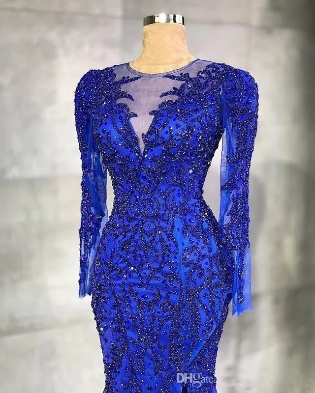 Luxus Royal Blue Mermaid Abendkleider Perlen Kristalle Sheer Neck Split Arabisch Aso Ebi Party Kleider Formelle Ballkleider Tragen