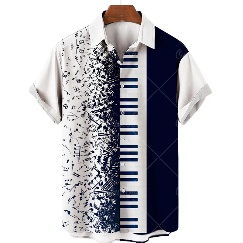 Sommer Polyester Baumwolle Kurzarm Musik Saxophon 3D Gedruckt Shirts Für Männer Casual Lose Drehen Unten Kragen Herren Strand Hemd 220607