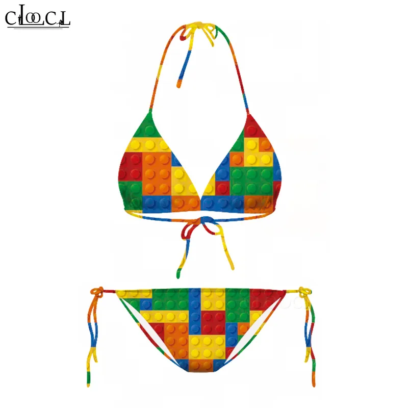 Seksi sevimli bikini mayo rubiks küp yapı bloğu 3d baskı plaj kadın kayışları kadınlar için düşük yüzme elbise bikinis seti w220617