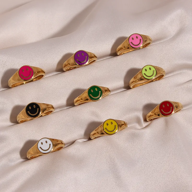 Summer Selling Stainless Steel Tarnish Free Enamel Happy Smiley Face Rings For Women 18K Gold Plated Jewelry 220803