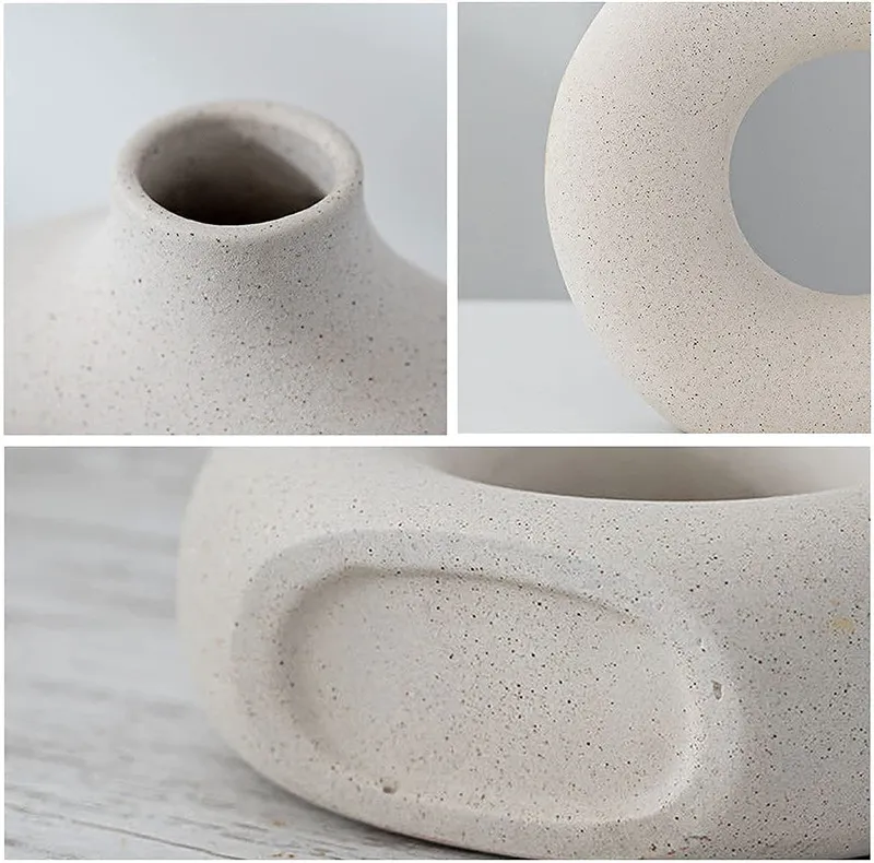 Nordic Circular Hollow Ceramic Vase Donuts Flower Pot Home Decoration Accessories Office Desktop Living Room Art Ornaments Gift 220423