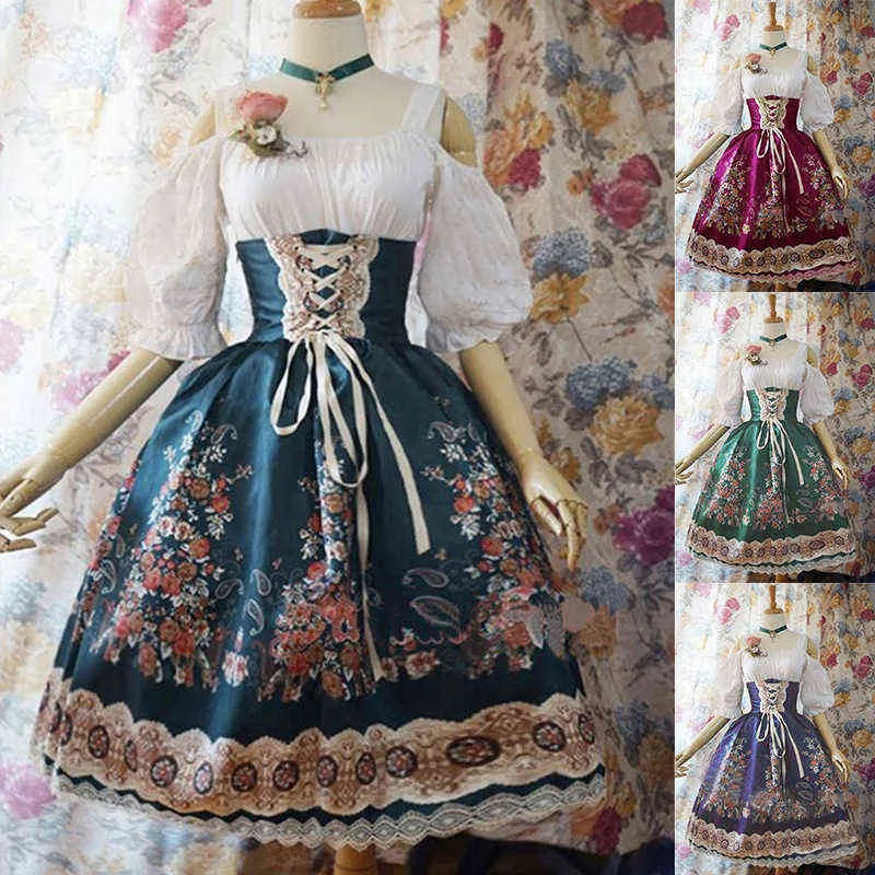 NXY Vrijetijdskleding Vintage jurk Zomer Cosplay Meid Paleis Lolita Print Hoge taille Lange mouw Kant Victoriaans Gothic Middeleeuws Dameskleding 0406