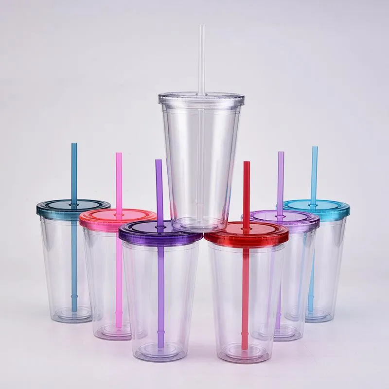 Tassen Acryl Transparente Doppelwandbecher Isolierte Plastikbecher Kaltgetränke Trinkbecher Wiederverwendbar mit StrohhalmenMugs231o
