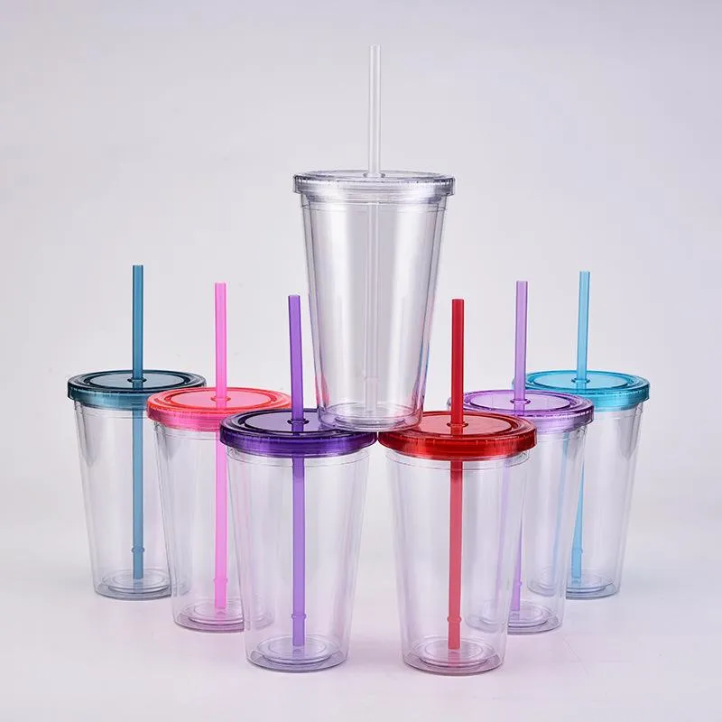 Tazze Bicchieri a doppia parete trasparenti in acrilico Bicchieri di plastica isolati Bicchieri bevande fredde Riutilizzabili con cannucceTazze2756