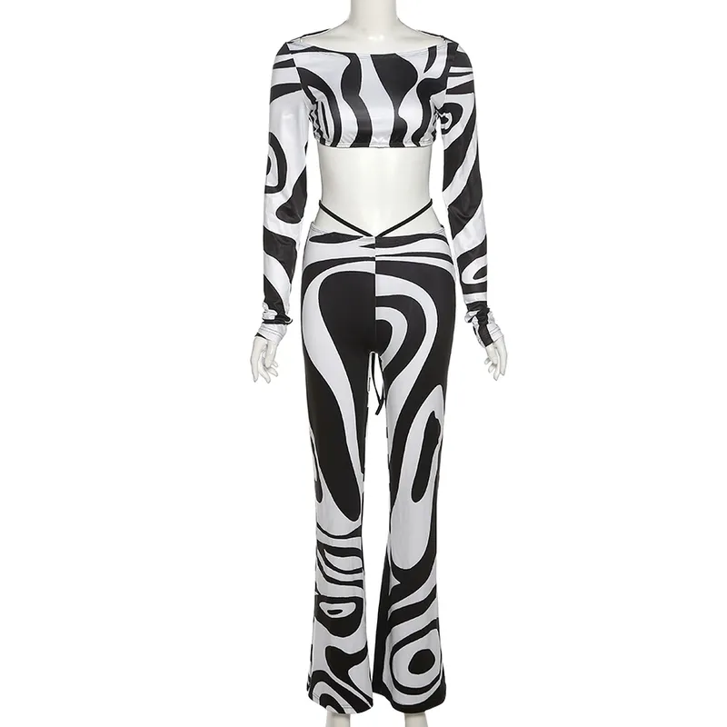 Weird Puss Zebra Print Women Casual Set Bandage Skinny Crop Top+Pants Fashion Matching Streetwear Slim Tracksuit Outfit