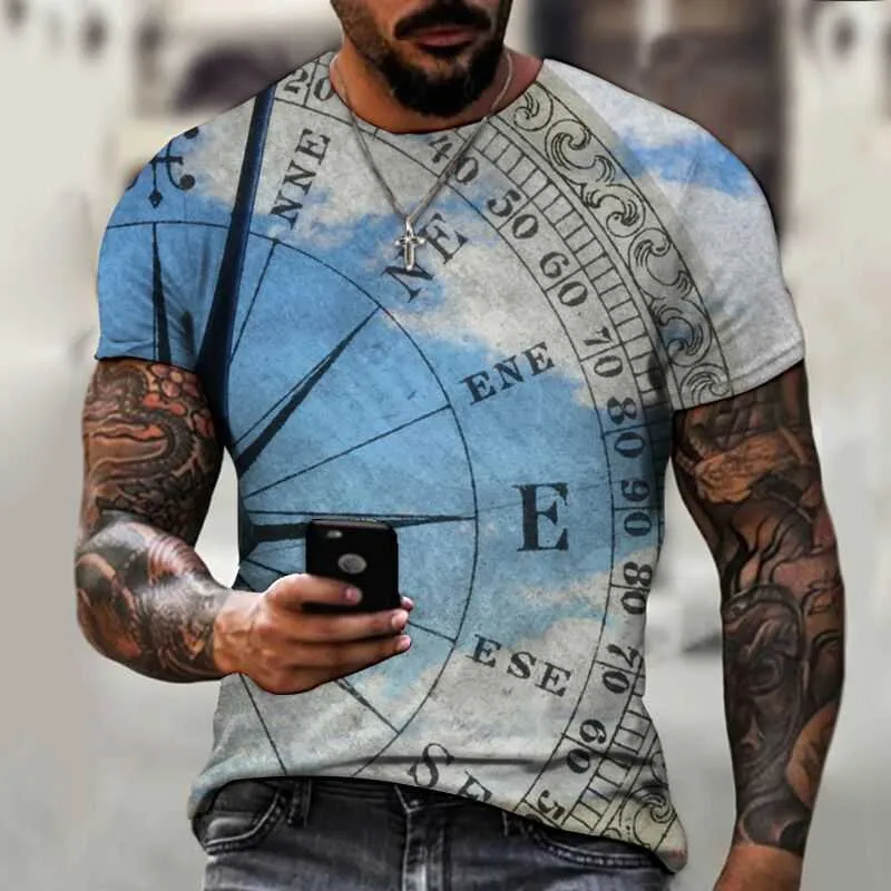 2022 mens camisetas Reta grande bússola 3D impressão mens manga curta redondo t-shirt solto casual respirável top vários estilos e cores