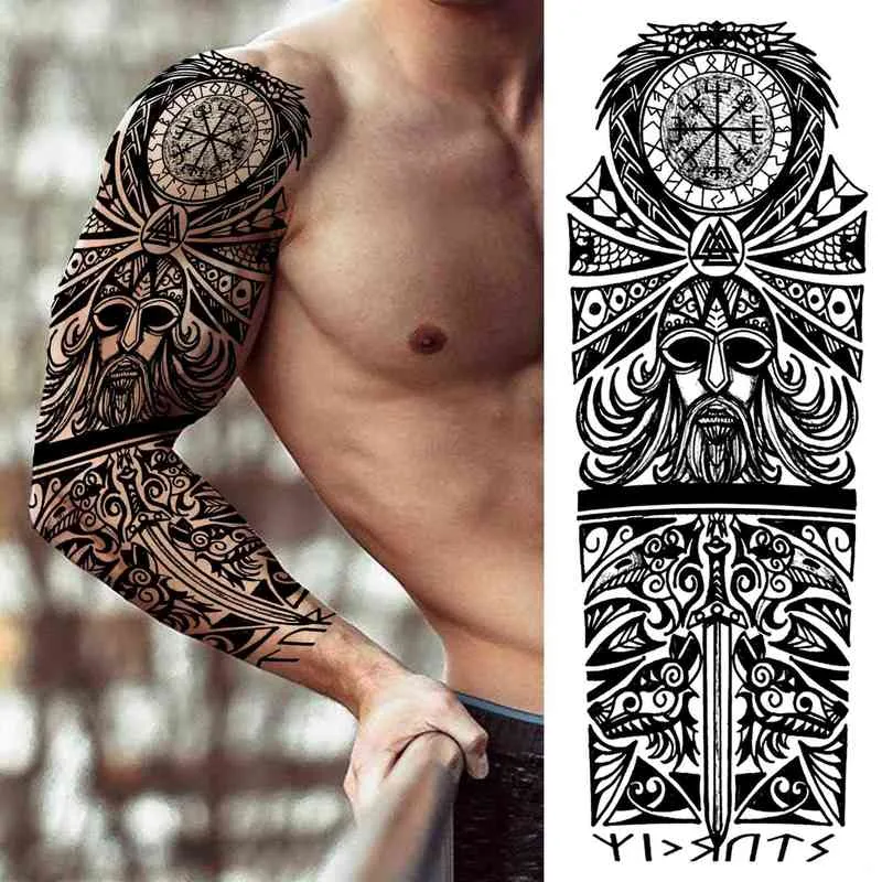 NXY Temporary Tattoo Super Large Compass Sleeve for Men Women Adult Fake Tribal Totem s Sticker Black Lion Tatoos Full Arm 0330