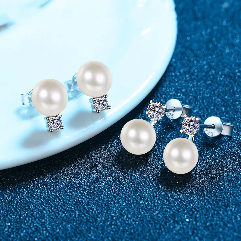 9mm água doce cultivada pérola dama de honra brincos com moissanite top esterlina prata orelha studs jóias de casamento para noivas 220813