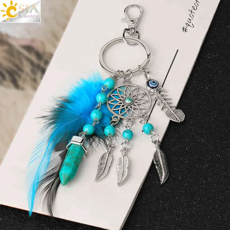 CSJA Dream Catcher Anahtarlıklar Mavi Tüy Püskül Hamsa El Nazar Duvar Araba Için Anahtarlık Asılı Dekor Muska Boho Takı G496 AA220318