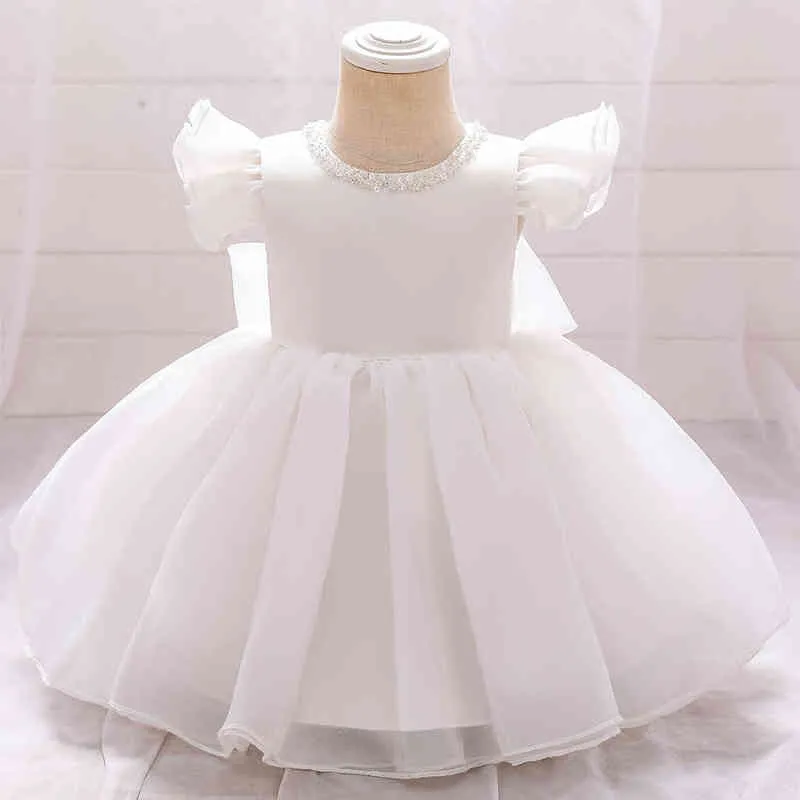 Summer Bow White Dopklänning 1 år födelsedagsklänning för babyflicka kläder rosa fest bröllop pärlor prinsessan klänning barn kläder y220510