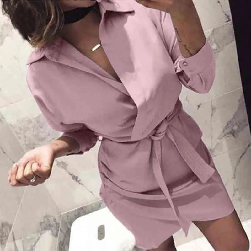 Het Autumn Solid Color Women Långärmning Turn-Down Collar Belted Shirt Mini Dress Nylon/ Polyester/ Spandex Casual Women's Dress L220705