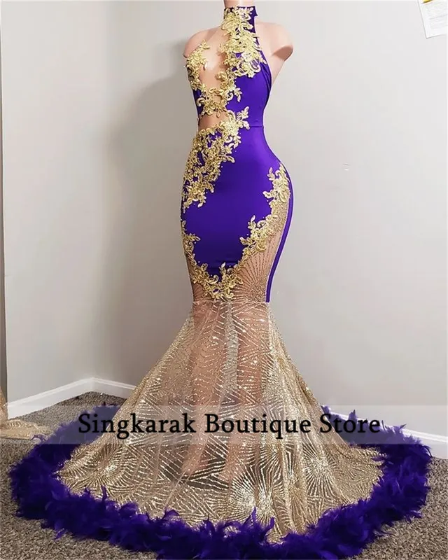 Vestidos de festa luxuosos sereia sexy vestidos de baile penas miçangas douradas aso eb 220823