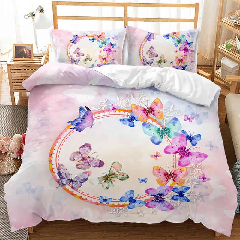 Blue Butterfly Duvet Cover Set Bedding Red Butterflies and Dragonfly Printed Design Boys Girls Queen