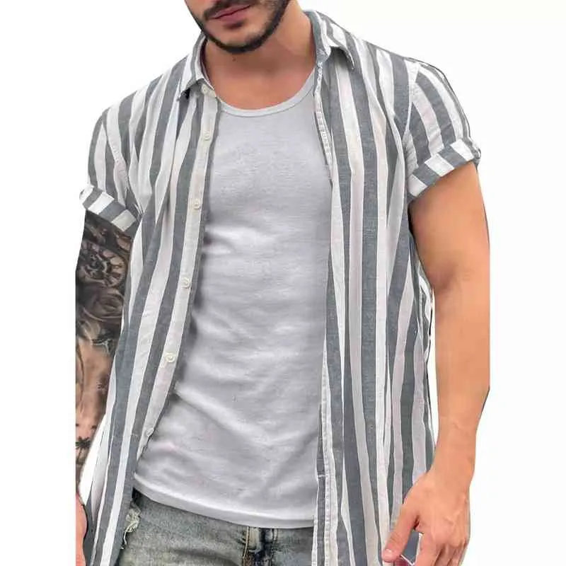 2022 Nuove camicie da uomo in lino di cotone hawaiano Camicia a righe con colletto a punta Camicia a maniche corte da uomo casual con bottoni Camicie da spiaggia L220704