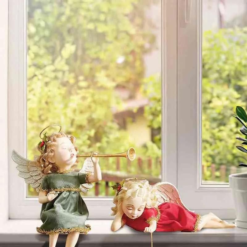 Christmas Cherub Resin Angel Little Girl Blowing A Trumpet Unique Winged Angel Statue Merry Christmas Home Desktop Decoration L220531