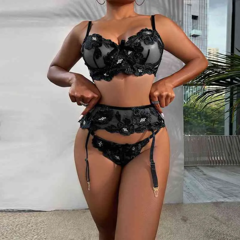 Lenceria Embroidery Floal Lingerie Set Women Sheer Push Up Bra And Panty Garter Belt Erotic Underwear Comes Intimates L220727