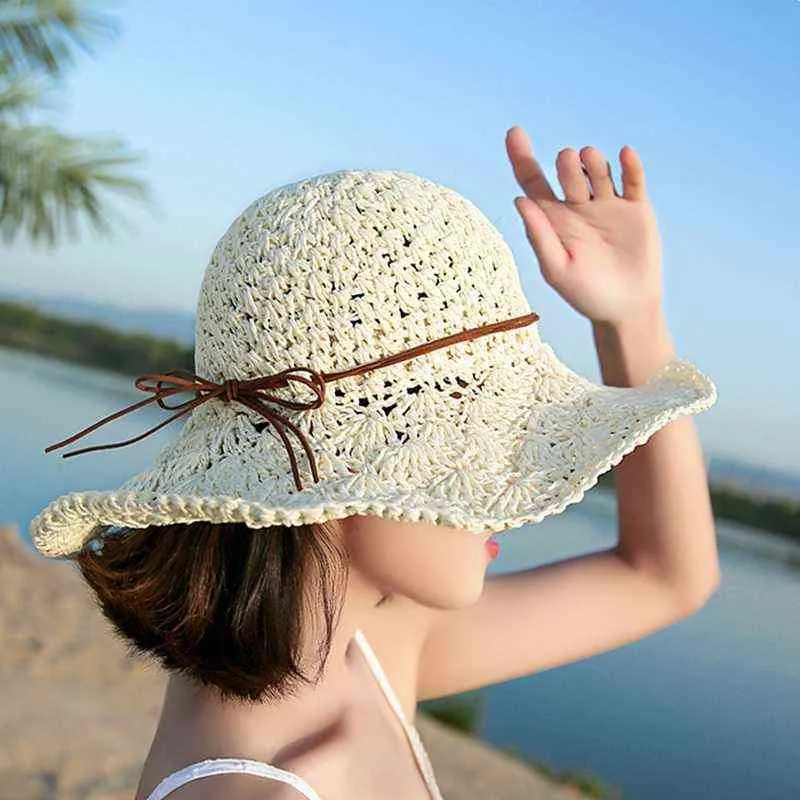 Yaz Kadın Hasır Plaj Şapka Büyük Brim Katlanabilir Güneş Şapka El Yapımı Tığ Güneş Koruma Şapka Kadın G220301