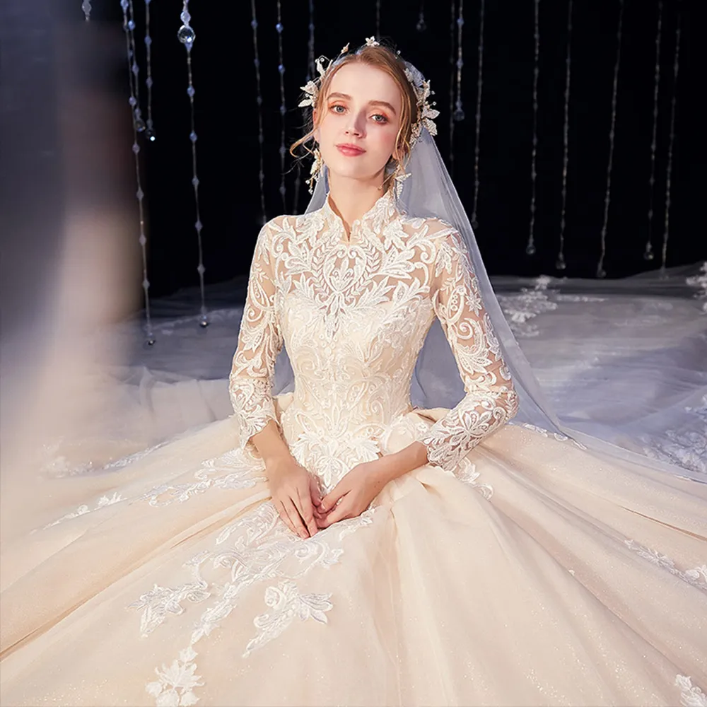 New Arrivals High Neck Three Quarter Sleeve All Over Appliques Lace Super Gorgeous Shiny Ball Gown Wedding Dresses