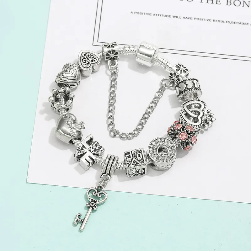 Seialoy Silver Plated Heart Key Pingente Pingente Bracelets for Women Original Girls Princesa Coroa Breaded Bracelet Wife Jóias 220727