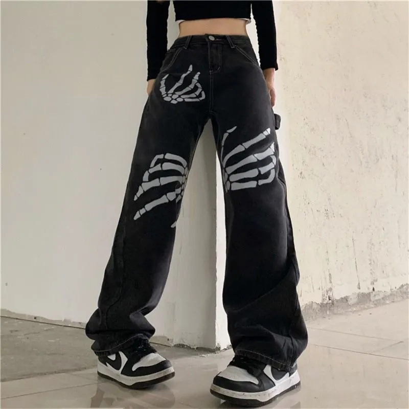 Punkstijl Harajuku Skull White Bone Fashion Jeans Losse Straightleeg Pants Retro Street Dames broek Denim Joggers Women 220526