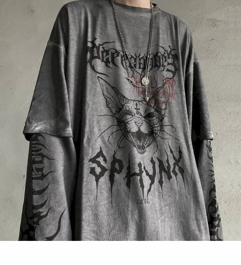 Punk Unisex T Gömlek Streetwear Serin Patchwork Tshirt Harajuku Yaz Tops Tees Bahar Uzun Kollu Yüksek Sokak Gevşek Japonya Tarzı 220411