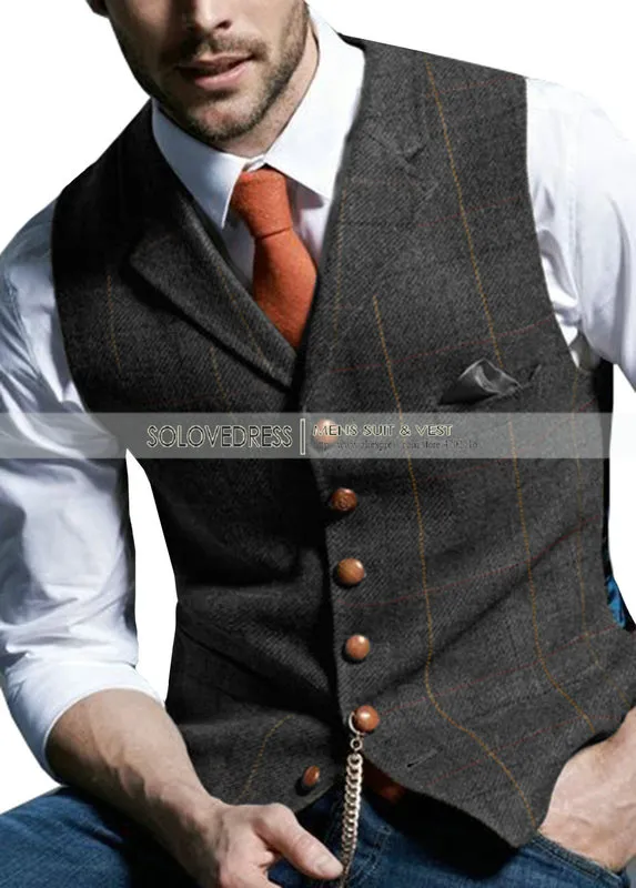 Mens Suit Vest Notched Plaid Wool Herringbone Tweed Waistcoat Casual Formal Business Groomman For Wedding Green/Black/Green/Grey 220725