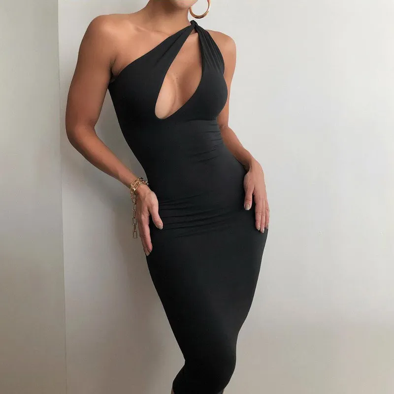 CNYISHE One Shoulder Bodycon Sheath Midi Party Dresses for Women Summer Sleeveless Outfits Sexy Hollow Out Dress Female Vestidos 220608