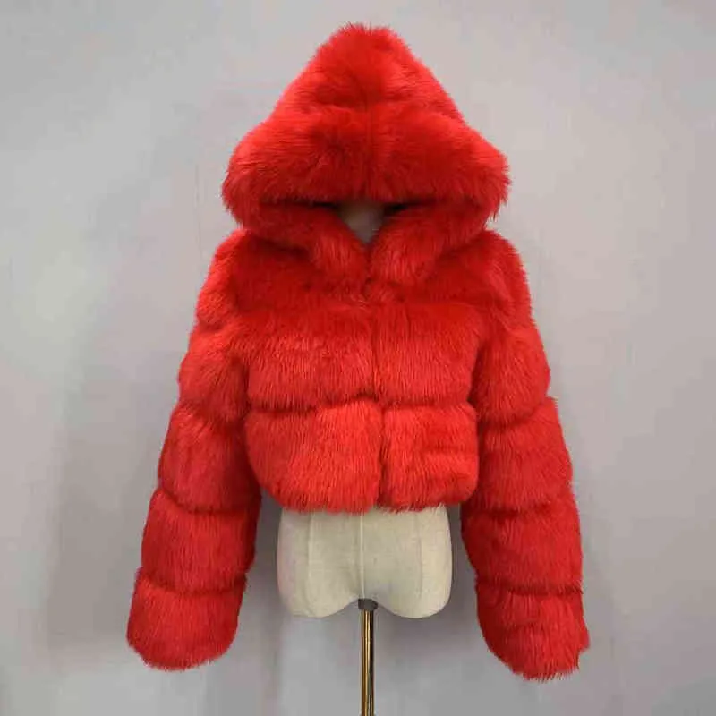 HJQJLJLS 2021 Winter New Women Short Fashion Pink Faux Fur Coat with Hooded Female Fluffy Fur Jacket Zipper Outerwear T220716