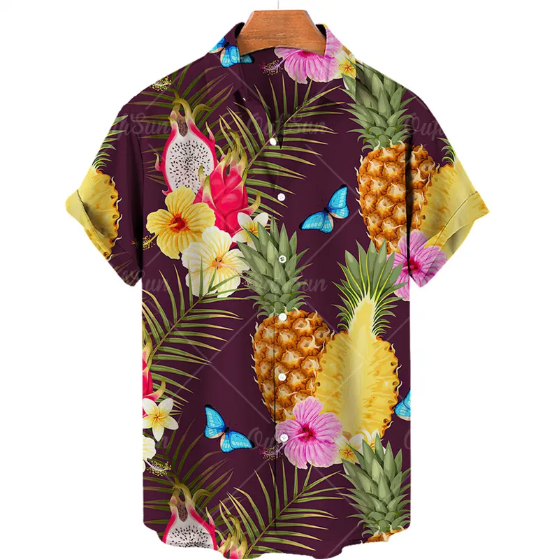 Herrskjortor hawaiian skjortor frukttryck korta ärmar ananas mönster toppar casual modemens kläder sommar lös skjorta 220527