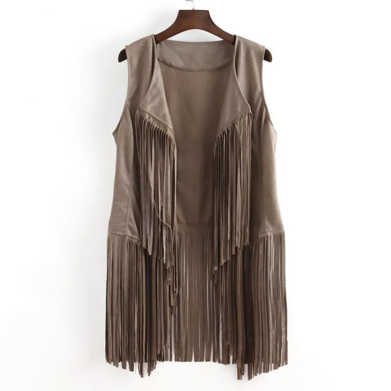 Women s Fringed Vest Jacket Fashion Fall Winter Suede Ethnic Sleeveless Cardigan Vintage Faux Tassel Coat Coffee 220817