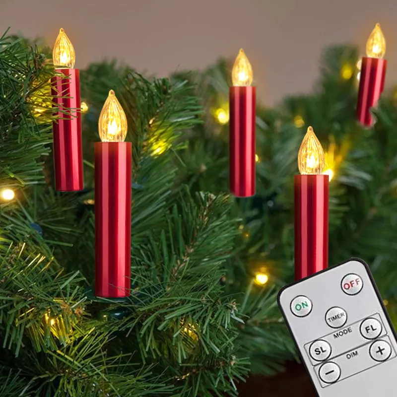 10st Red Christmas Candles Light Flameless Flashing Timer Remote LED Electronic Candle Wedding Year Decoration With Clip 220527