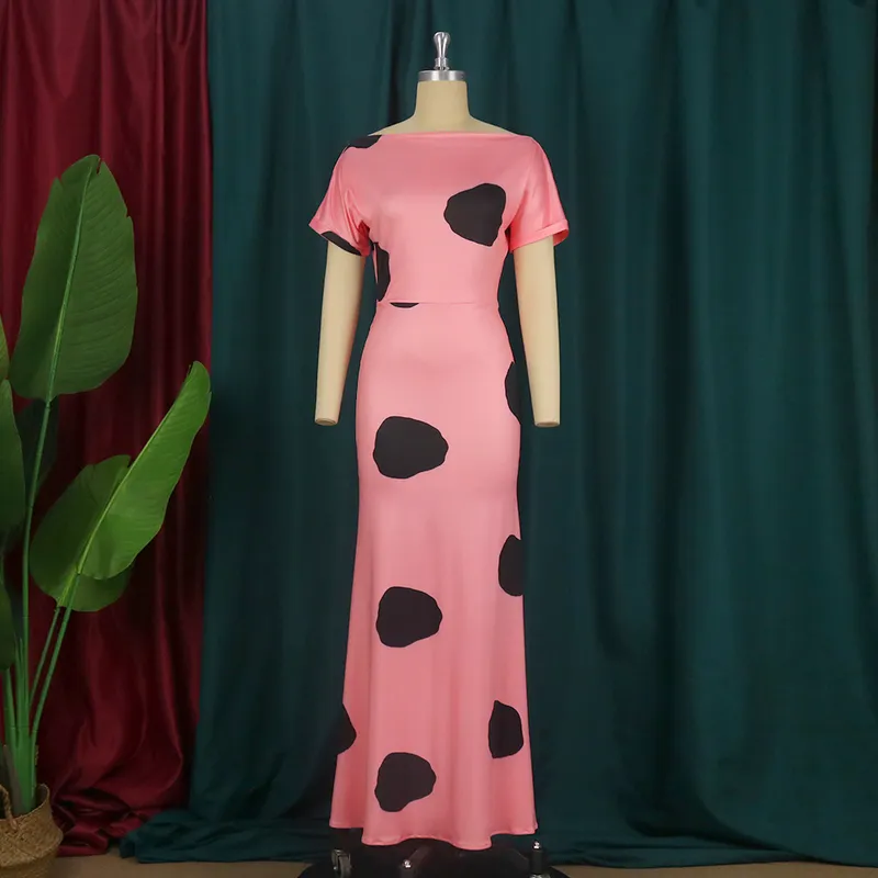 Kvinnor Summer Polka Dot Print Lång klänning Kort ärm Slash Collar Slim Dresses Large Size Elegant Fashion Female Clothing 220527