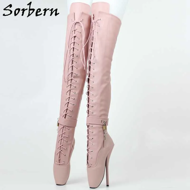 Sorbern rose mat mi-cuisse bottes femmes avec Ballet talons hauts cheville verrouillable talons aiguilles personnalisé à lacets douloureux Crossdress