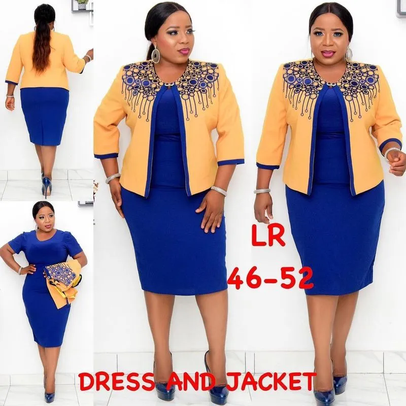 HGTE 4XL 5XL Africa Plus Size Women's Dress Set Spring Autumn Round Neck 3/4 Hylsa veckade stora kläder 220426