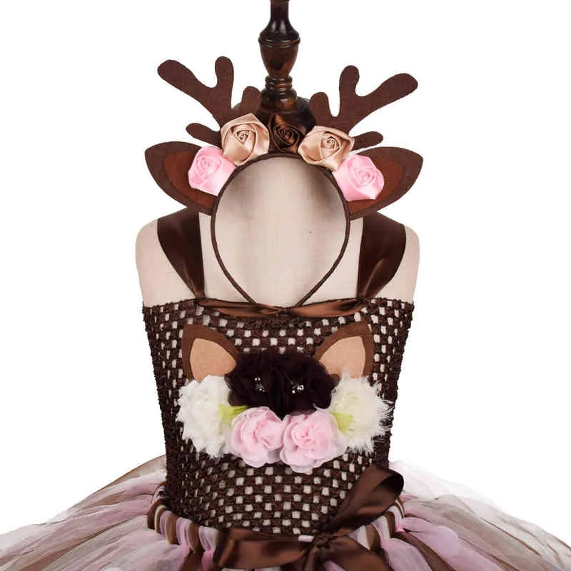 Halloween Reindeer Elk Cosplay kommer med pannband Flower Deer Kids Tutu Dress Tulle Baby Girls Christmas Födelsedagsfest L220715