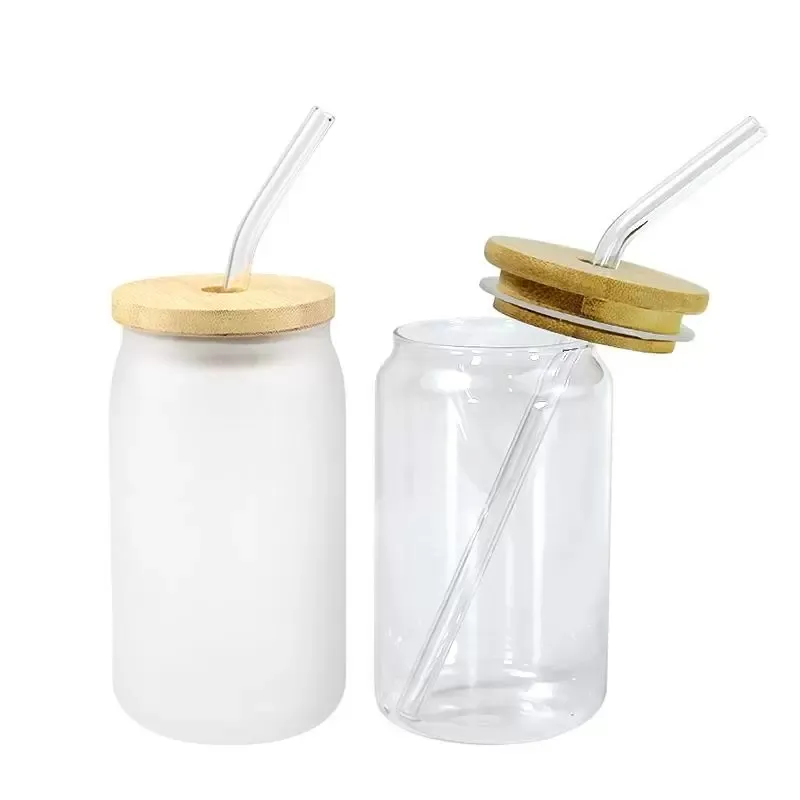 Sublimation Beer Can Glass with Bamboo Lids and Straw 12 OZ 16OZ Blank Glass Ice Coffee Cups Tumbler Mugs for Juice Soda Cocktail sxaug15