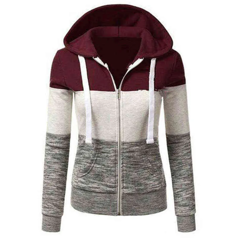 Casual Slim Tamaño grande Ropa Mujeres 5XL Coreano Zip Up Sudadera con capucha Manga larga Poleron Contraste Patchwork Canguro Bolsillo Sudadera L220706