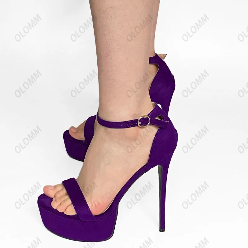 Olomm Handmade Women Platform Sandaler Faux Suede Sexiga stilett klackar Öppen tå Elegant Blue Purple Party Shoes Us Plus Size 5-20